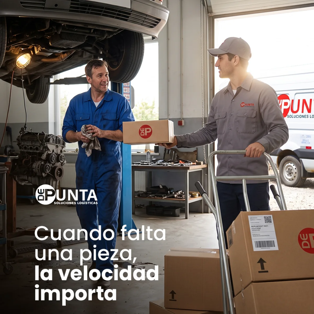 Entrega de repuestos en un taller mecánico. Cuando falta una pieza, la velocidad importa.