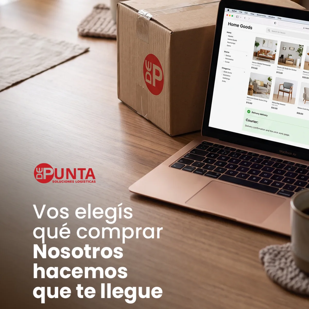 Paquete de DePunta junto a una compra en línea en una computadora.
